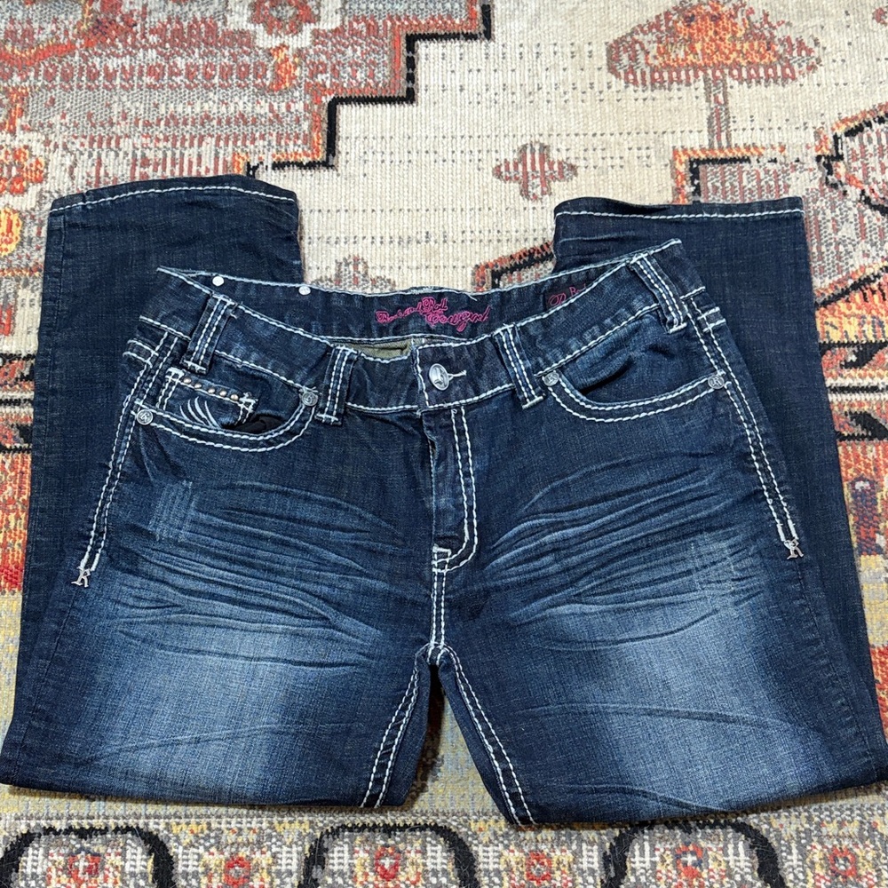 Rock & Roll Cowgirl Dark Blue Boyfriend Jeans with White Stitching